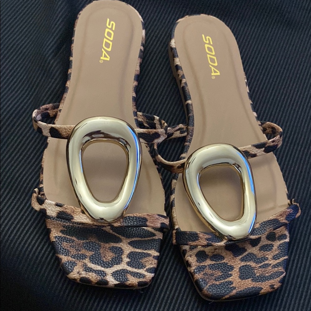 Soda Brown and Gold Sandals with Leopard Print